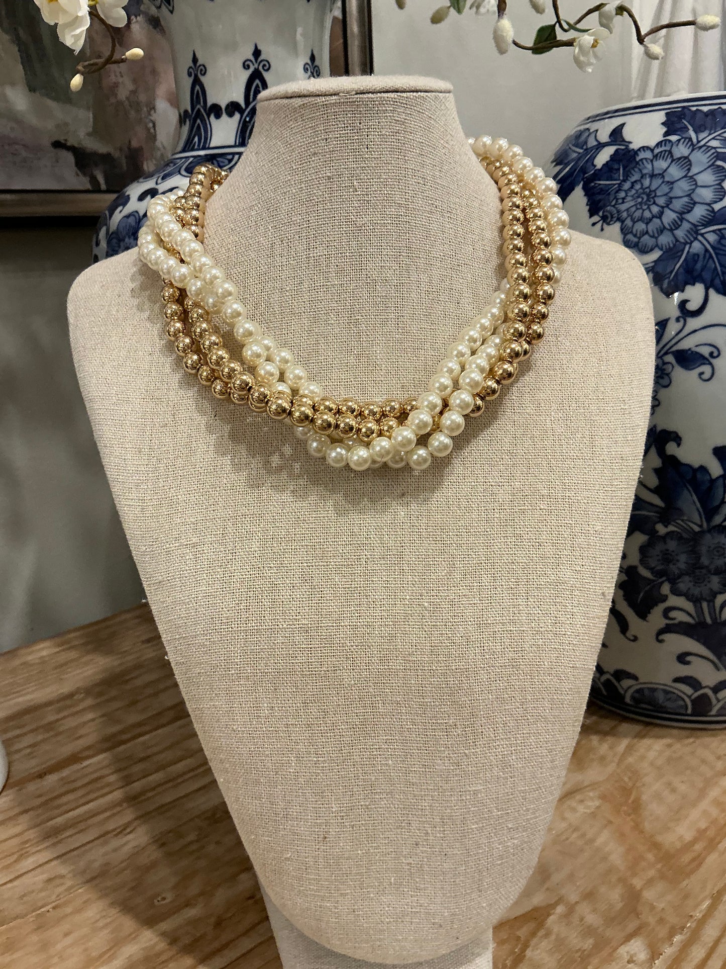 4 ROW HALF/HALF FAUX PEARL NCK