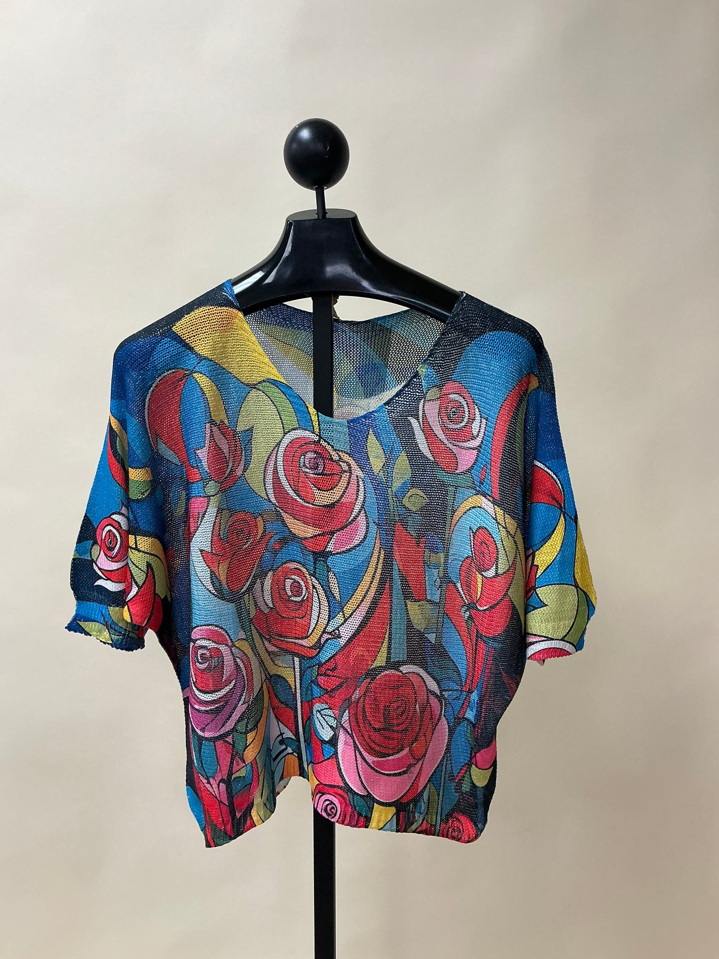POROSE BLUE FLORAL V-NCK KNIT TOP