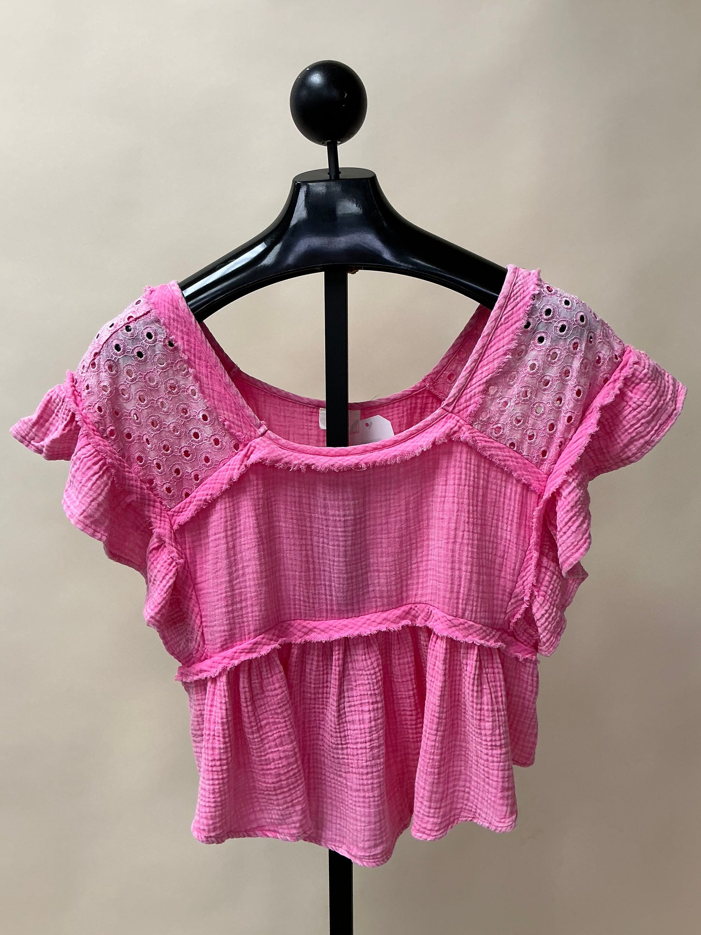 BUBBLEGUM PINK FLUTTER TOP WITH EYELOT LACE-PP