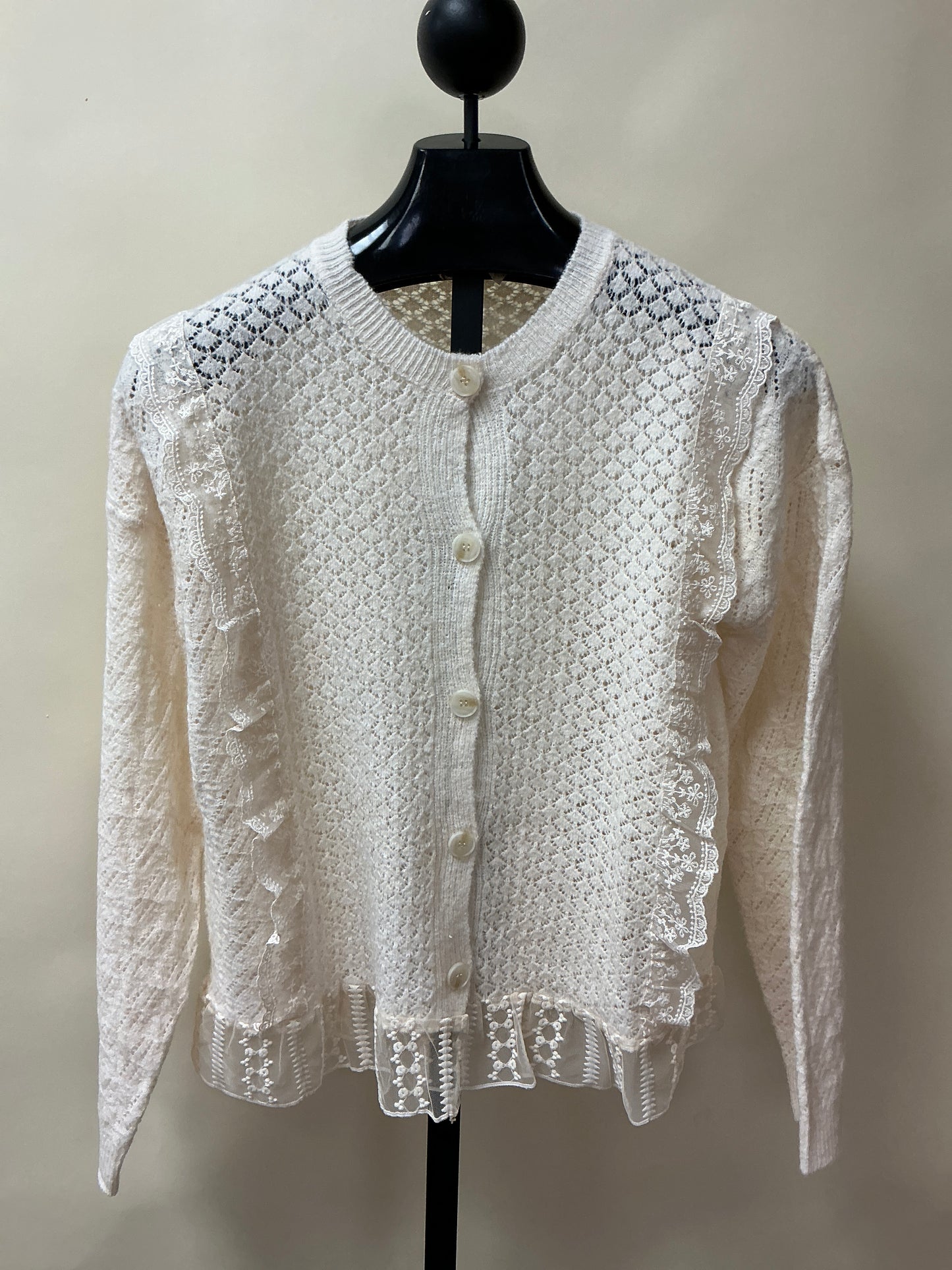 LACE RUFFLE KNIT SWEATER CARDIGAN