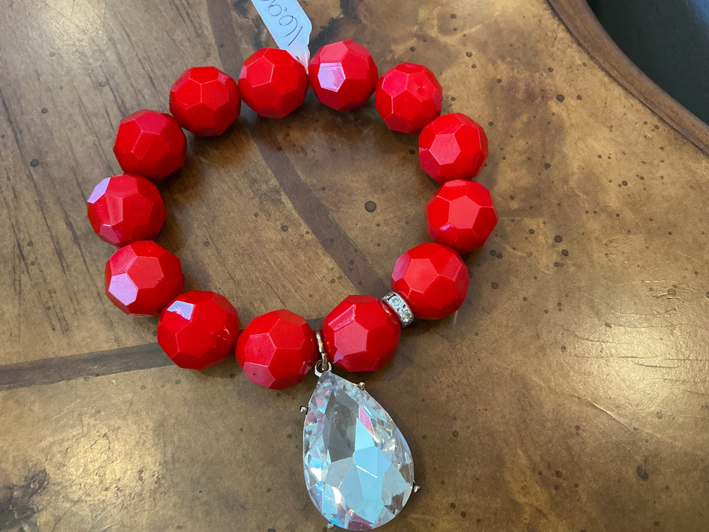 RED BEADED BRAC W/RHINESTONE