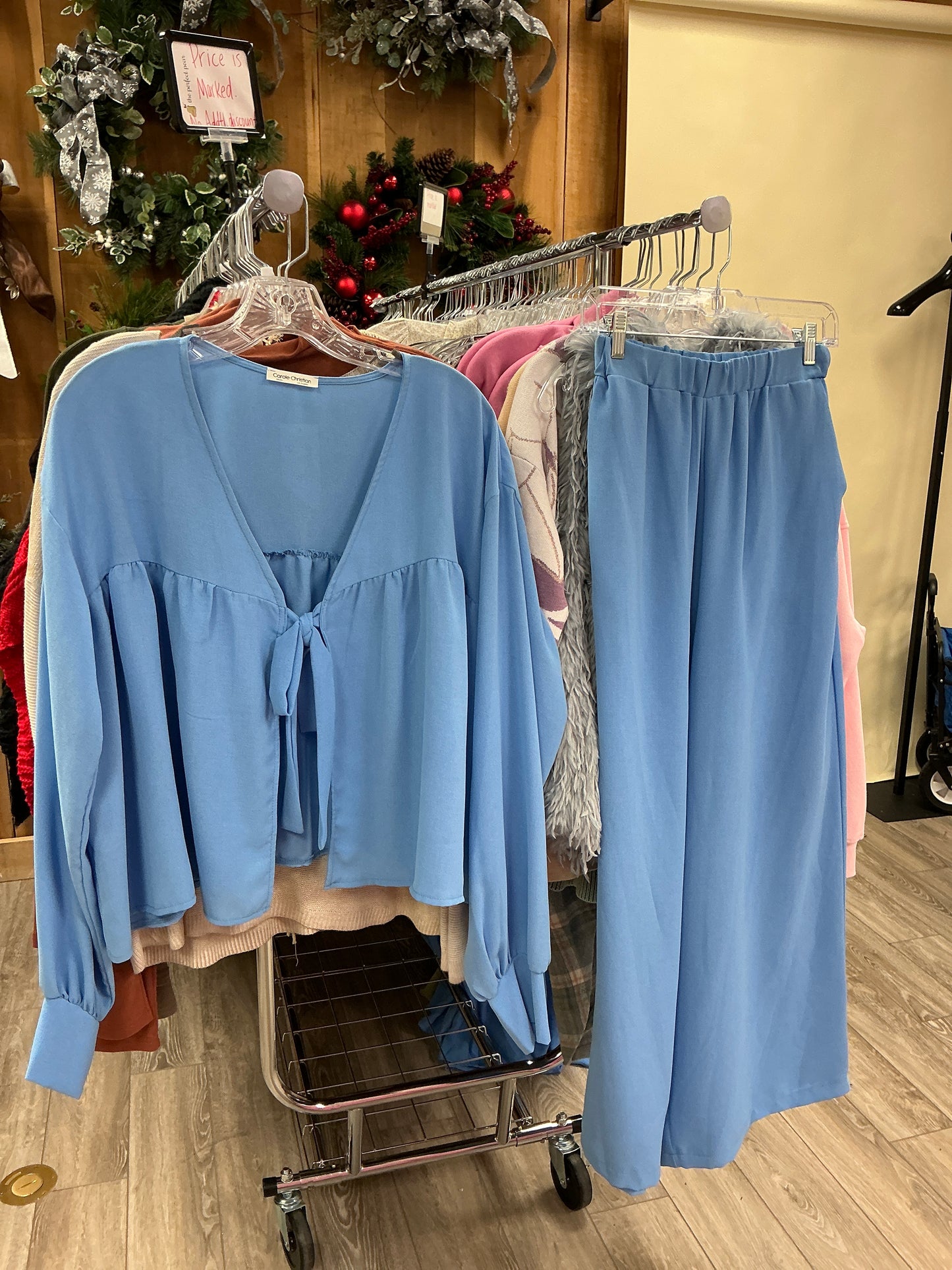 TWIL PANT SET/TIE BLOUSE