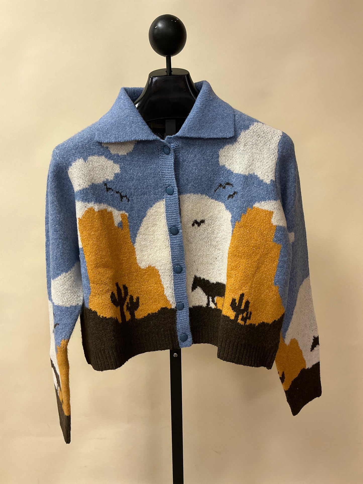 WESTERN PRINT KNIT BUTTON UP SWEATER