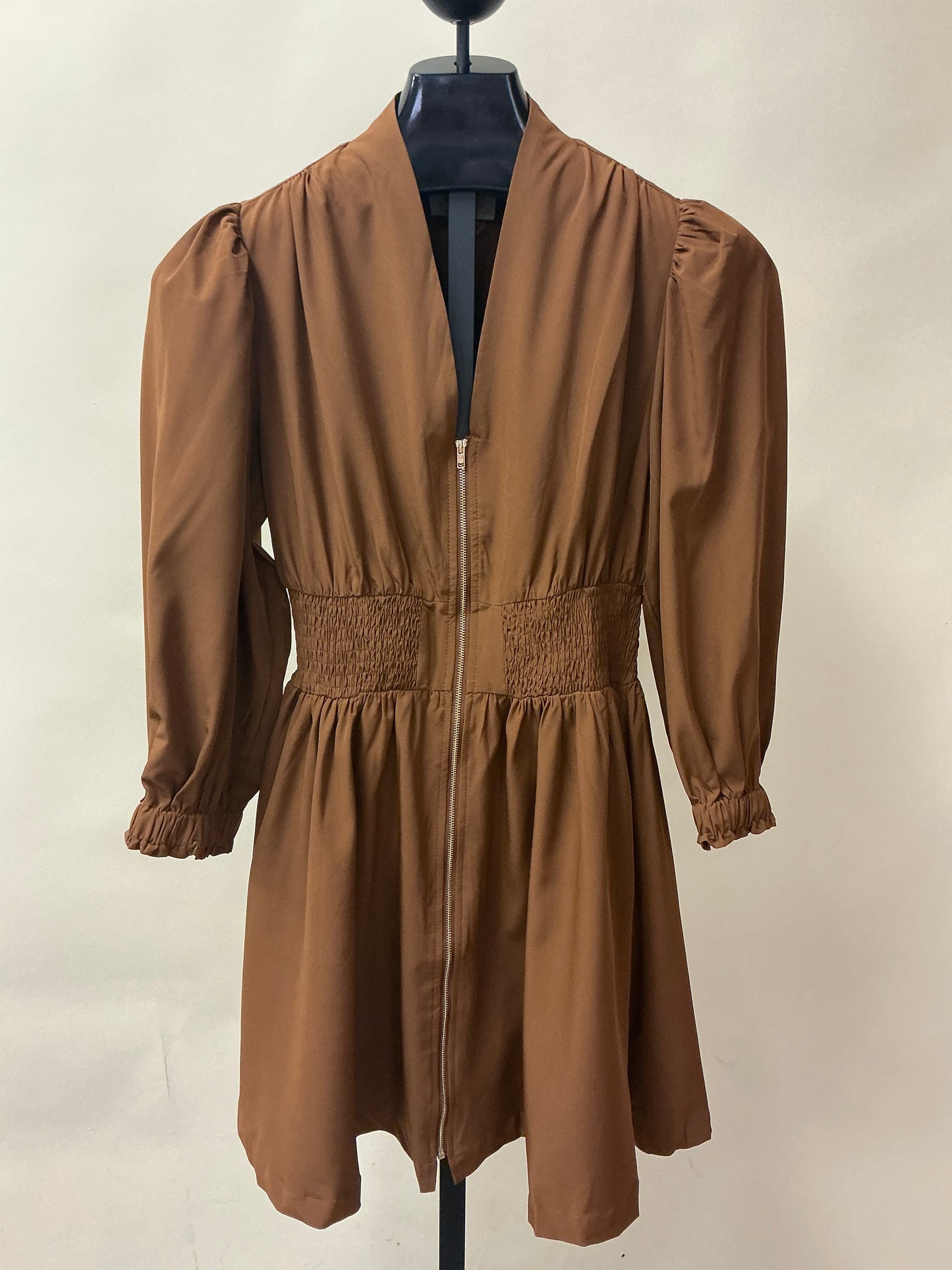 LONG SLV, ROUCHED WAIST DRESS