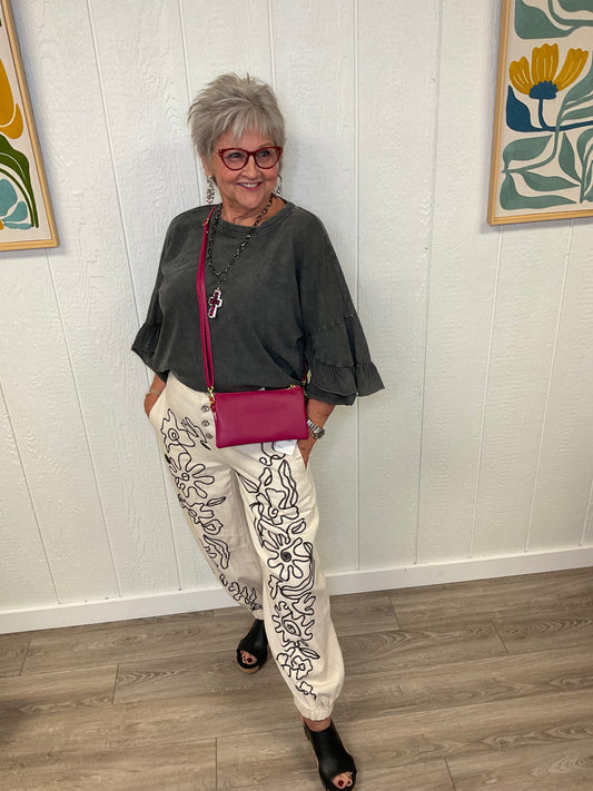 CREAM PANT W/BLK EMB (YKP170