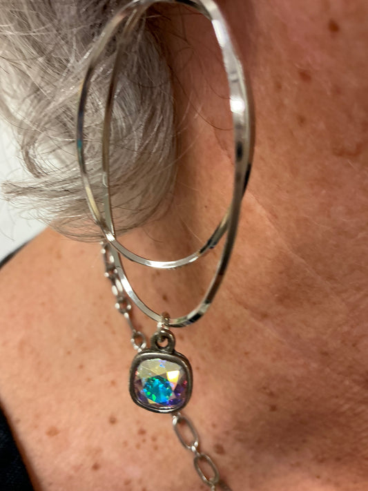 SILVER DOUBLE OVAL HOOP W/RHINESTONE