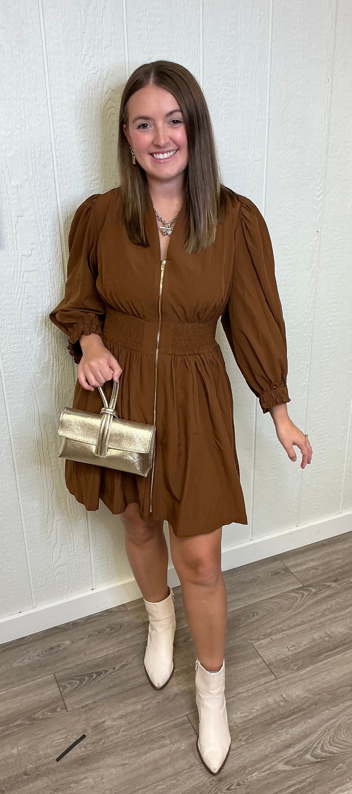 LONG SLV, ROUCHED WAIST DRESS