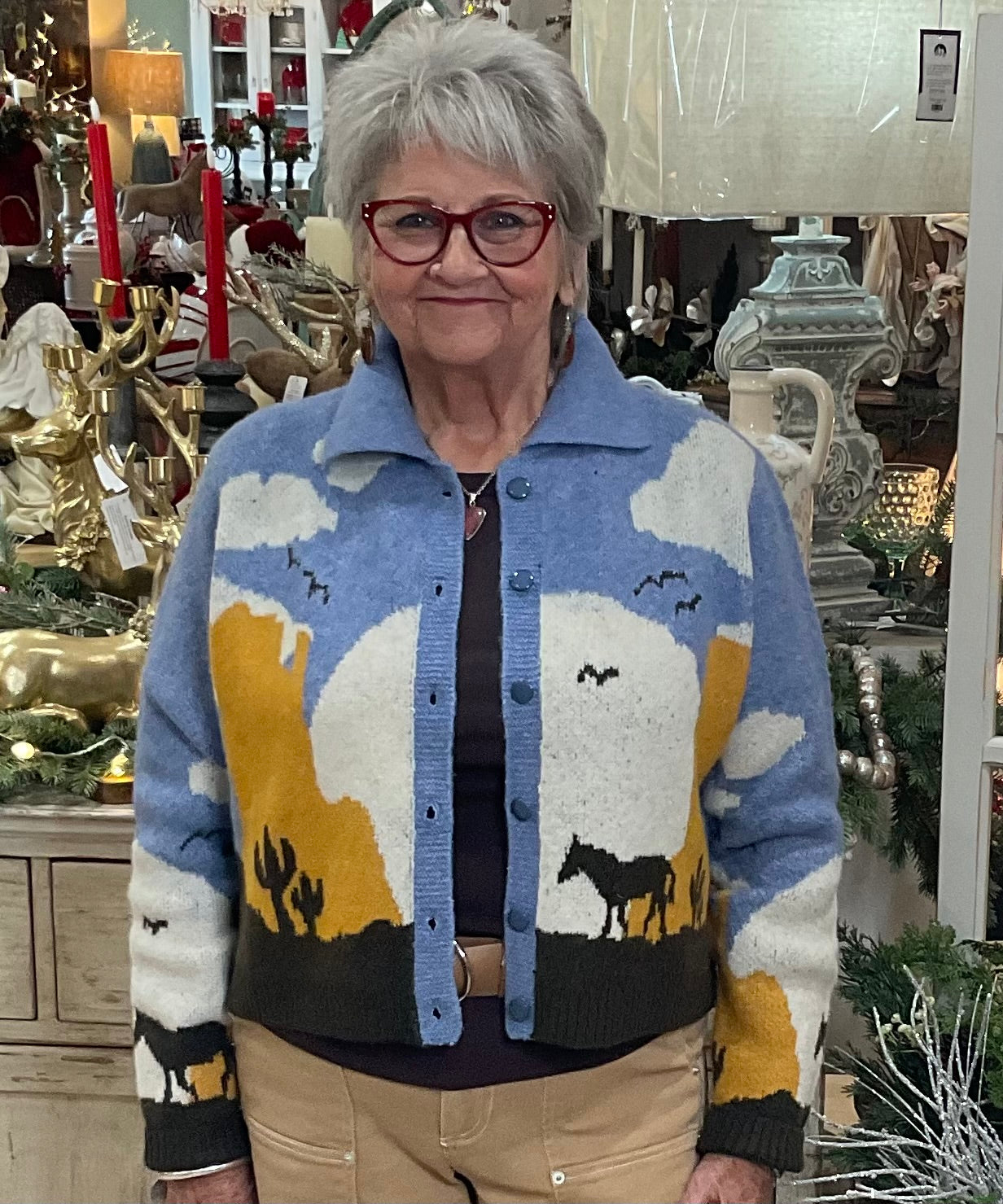 WESTERN PRINT KNIT BUTTON UP SWEATER