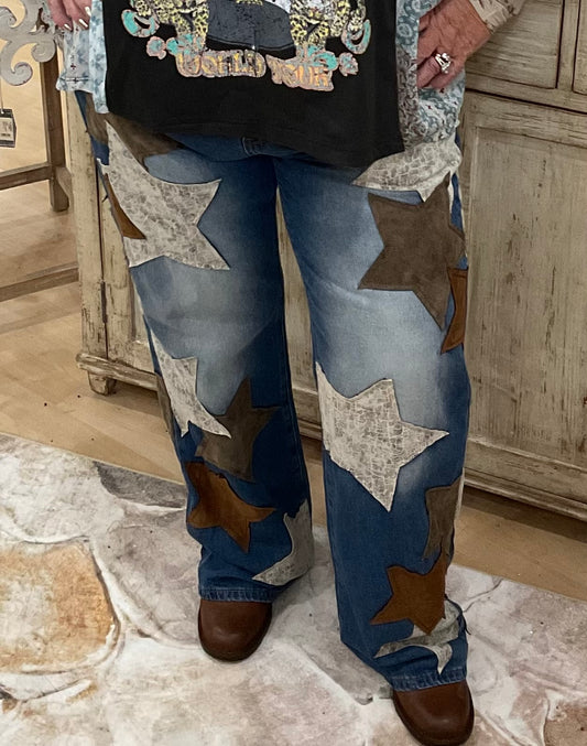 PU LEATHER STAR PATCHED JEAN