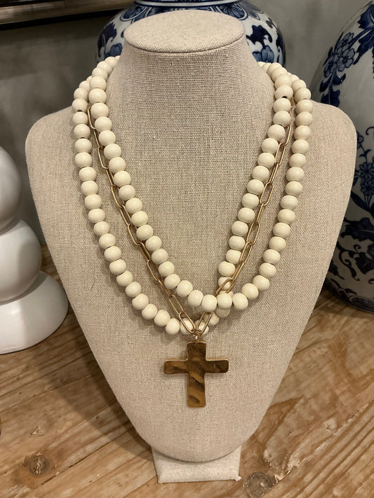CROSS WOOD PENDANT/WOOD BEAD NCK