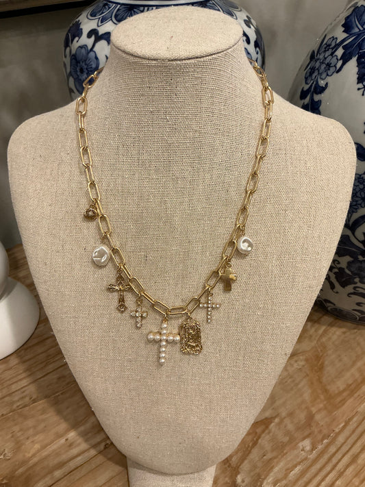 MULTI CROSS/FAUX PEARL CHARM NCK