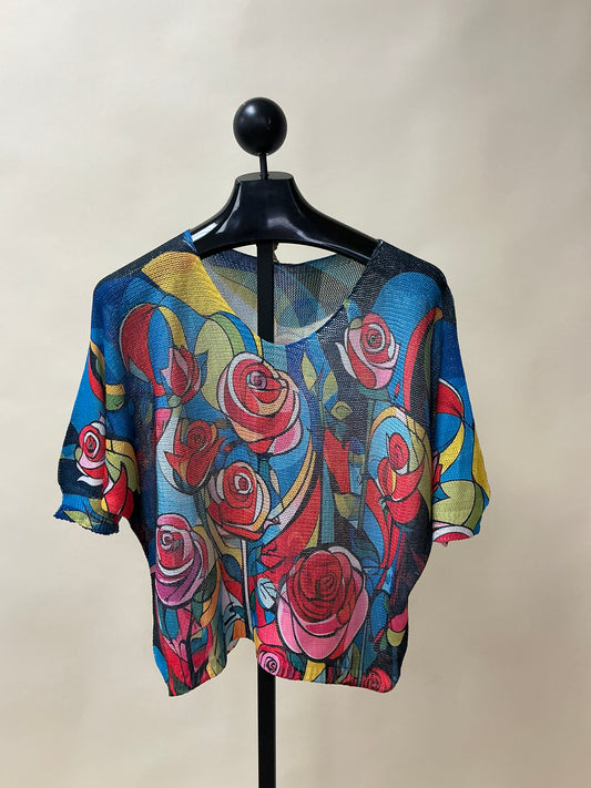 POROSE BLUE FLORAL V-NCK KNIT TOP