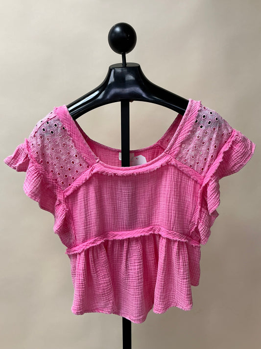BUBBLEGUM PINK FLUTTER TOP WITH EYELOT LACE-PP