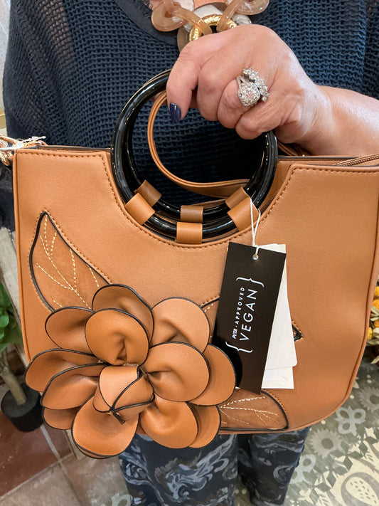 BROWN BLOSSOM ACCENT HANDBAG