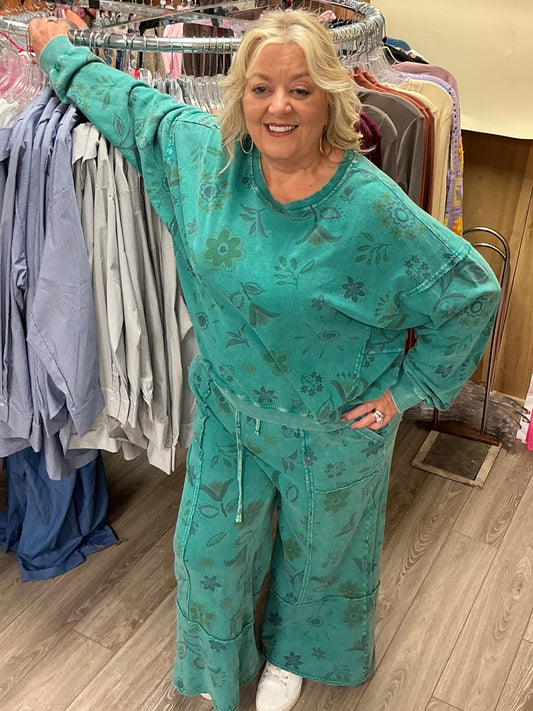 TEAL FLOWER KNIT PANT