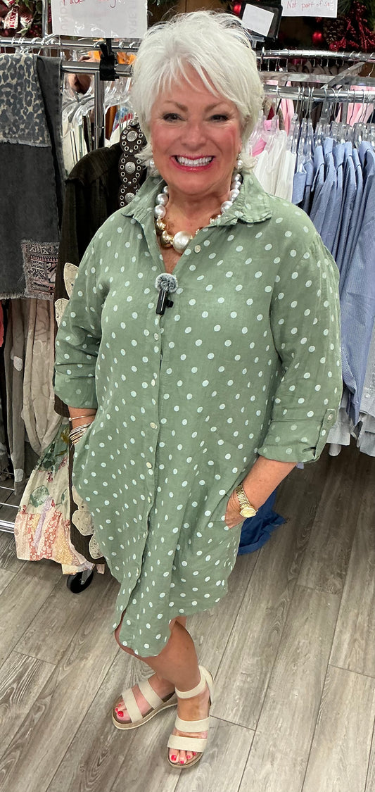 LINEN POLKA DOT BUTTON DOWN DRESS