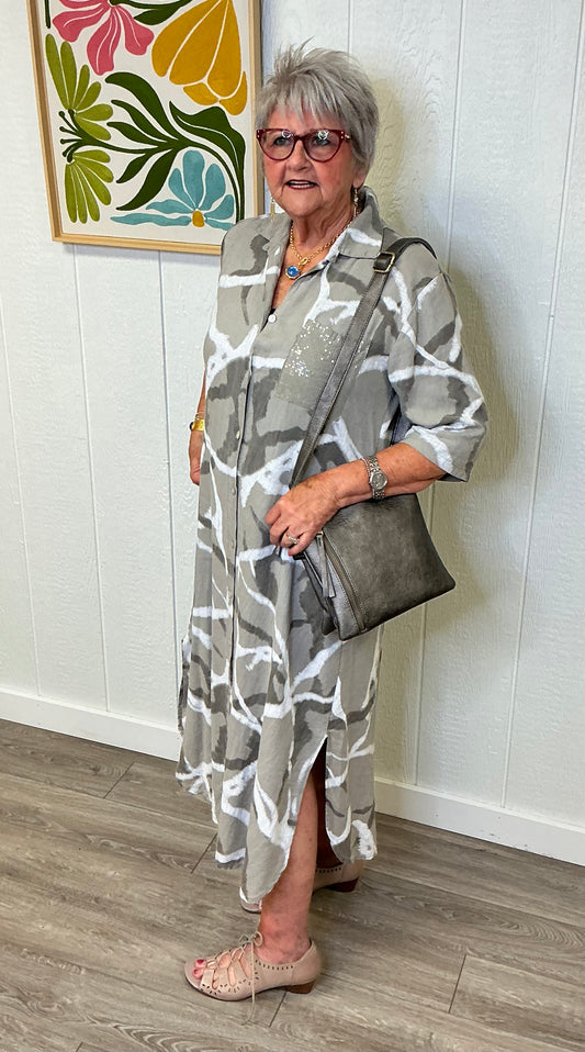 TAUPE LINEN BUTTON UP DRESS