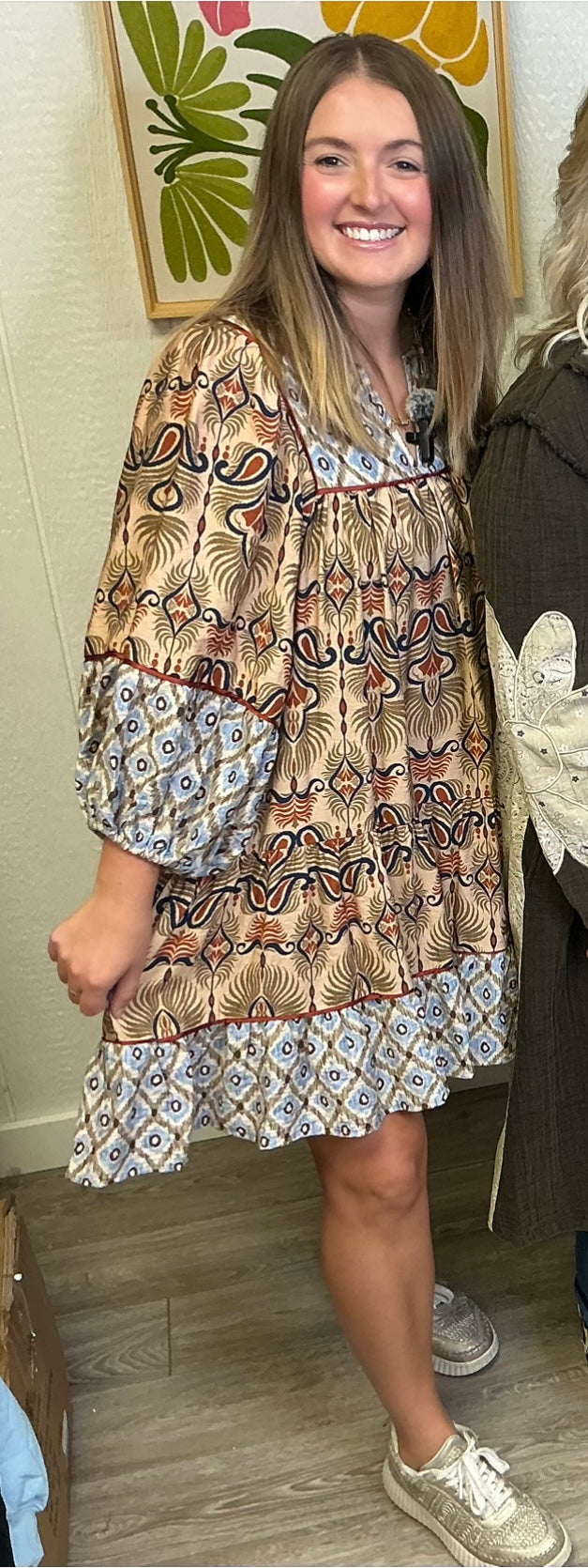 MIXED BEIGE PRINT 3/4 SLV DRESS