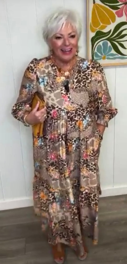 ANIMAL PRINT TIERED MIDI DRESS