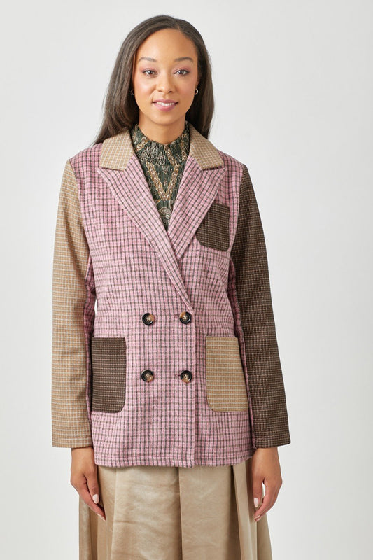 MIXED PLAID DOUBLE BREAST JACKET