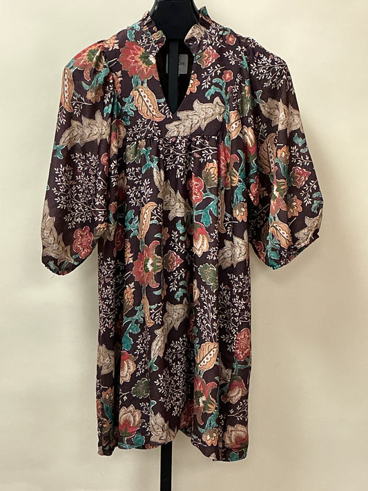 BROWN LINED 3/4 SLV FLORAL DRESS