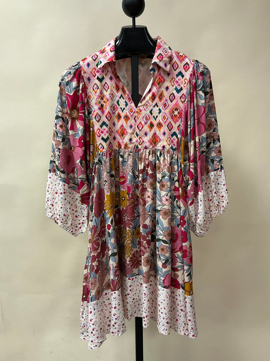 MIX PRINT BUBBLE SLV DRESS