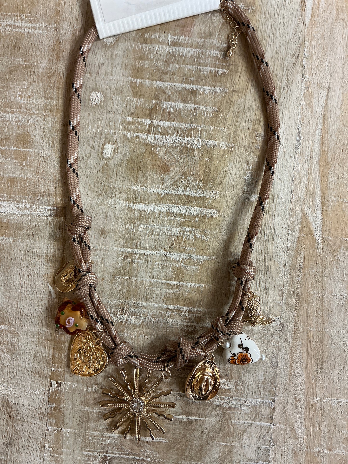 BROWN SCARF W/ MULTI CHARM NCK