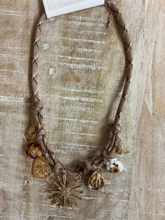 BROWN SCARF W/ MULTI CHARM NCK