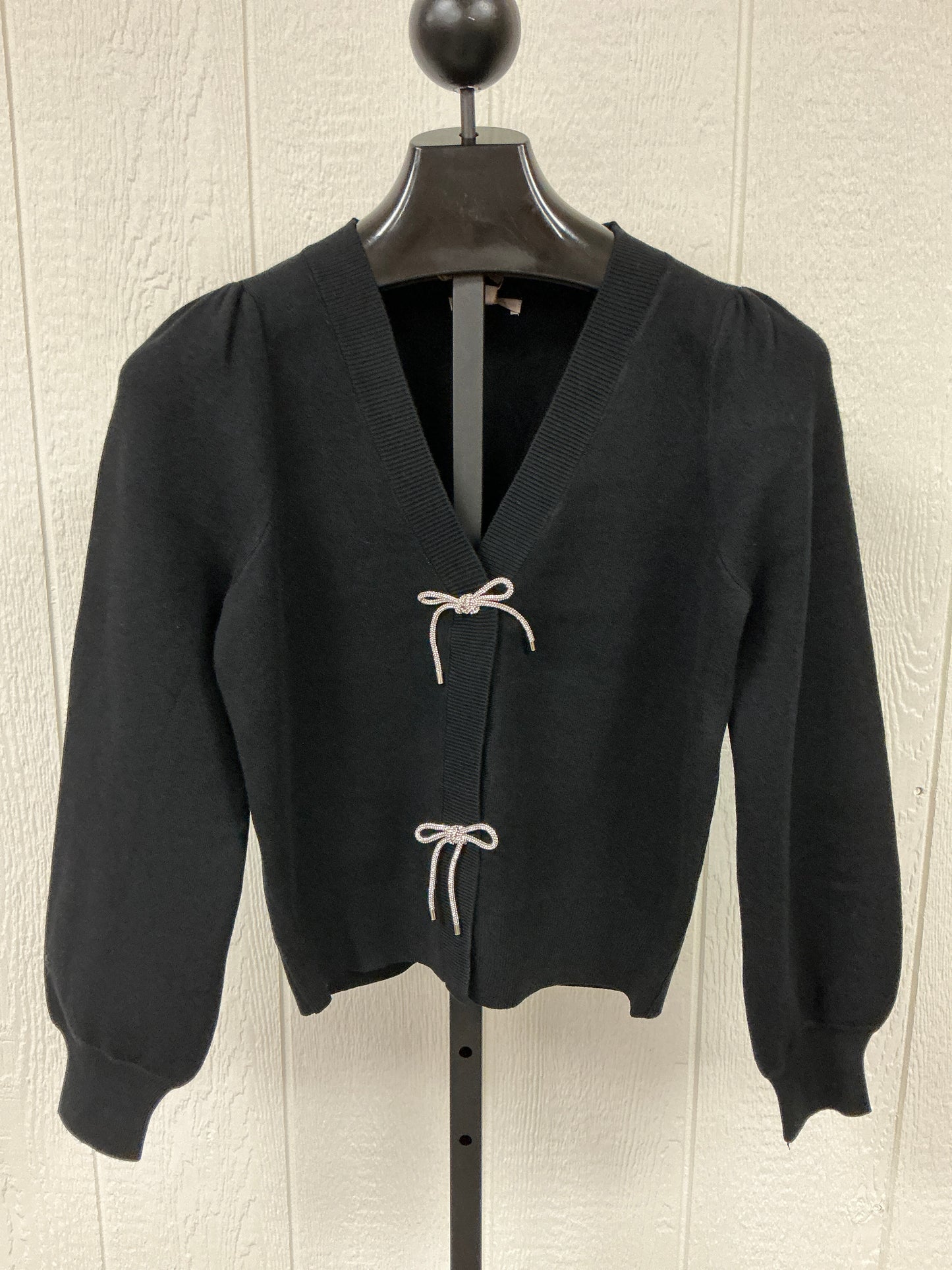 BLK RIBBON TRIM PUFF SLV CARDIGAN