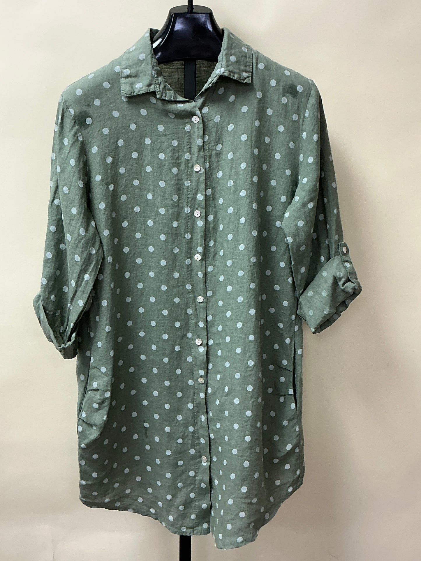 LINEN POLKA DOT BUTTON DOWN DRESS