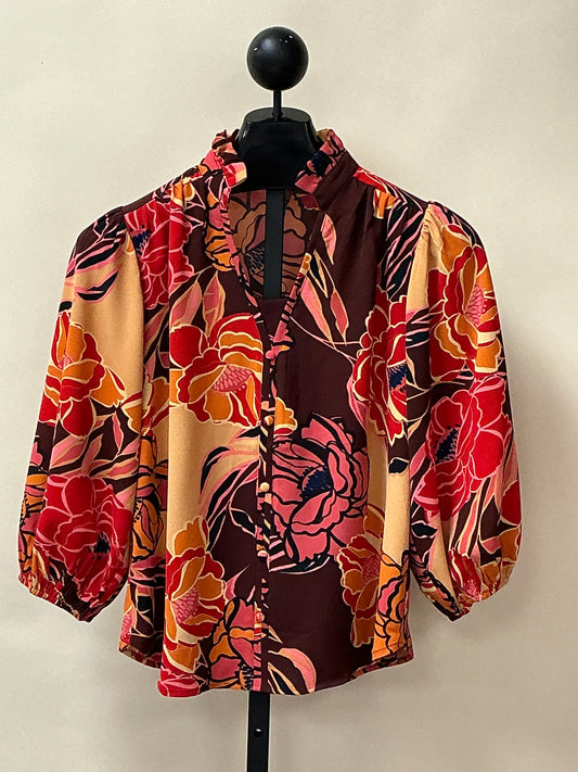 PINK/BROWN 3/4 SLV BLOUSE