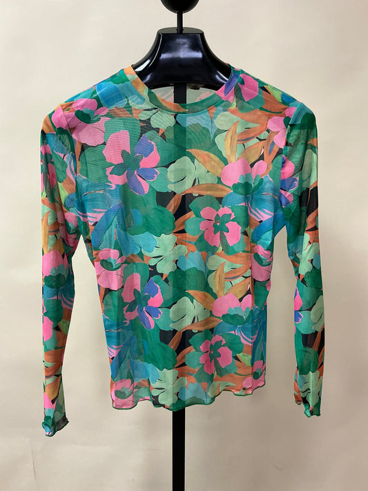 FLOWER PRINT MESH LONG SLV TOP