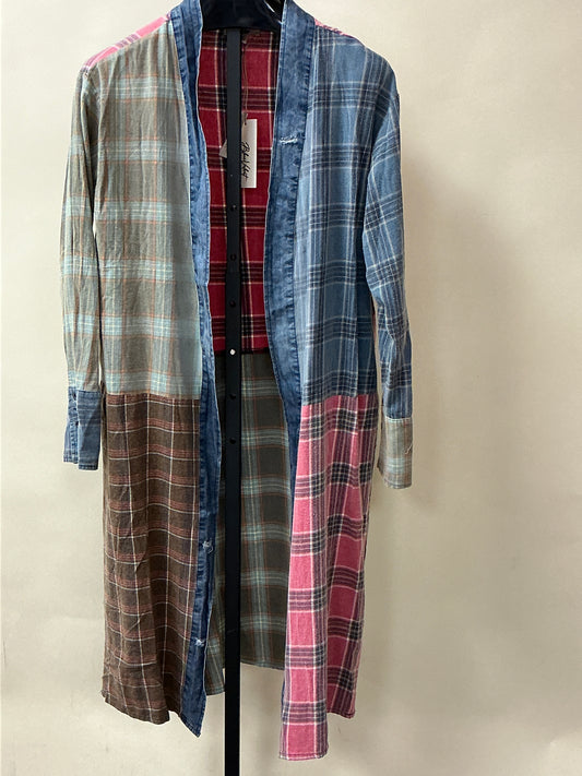 MIXED PLAID BLOCK LONG KIMONO